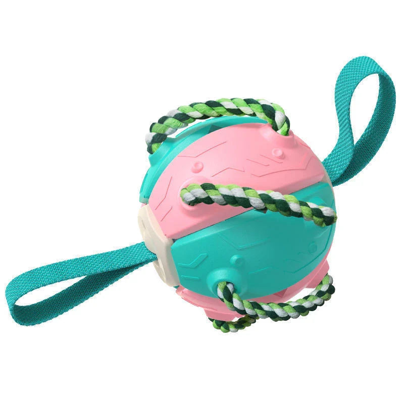 Transforming dog toy that can switch between a ball and frisbee shape, featuring durable construction and interactive play features