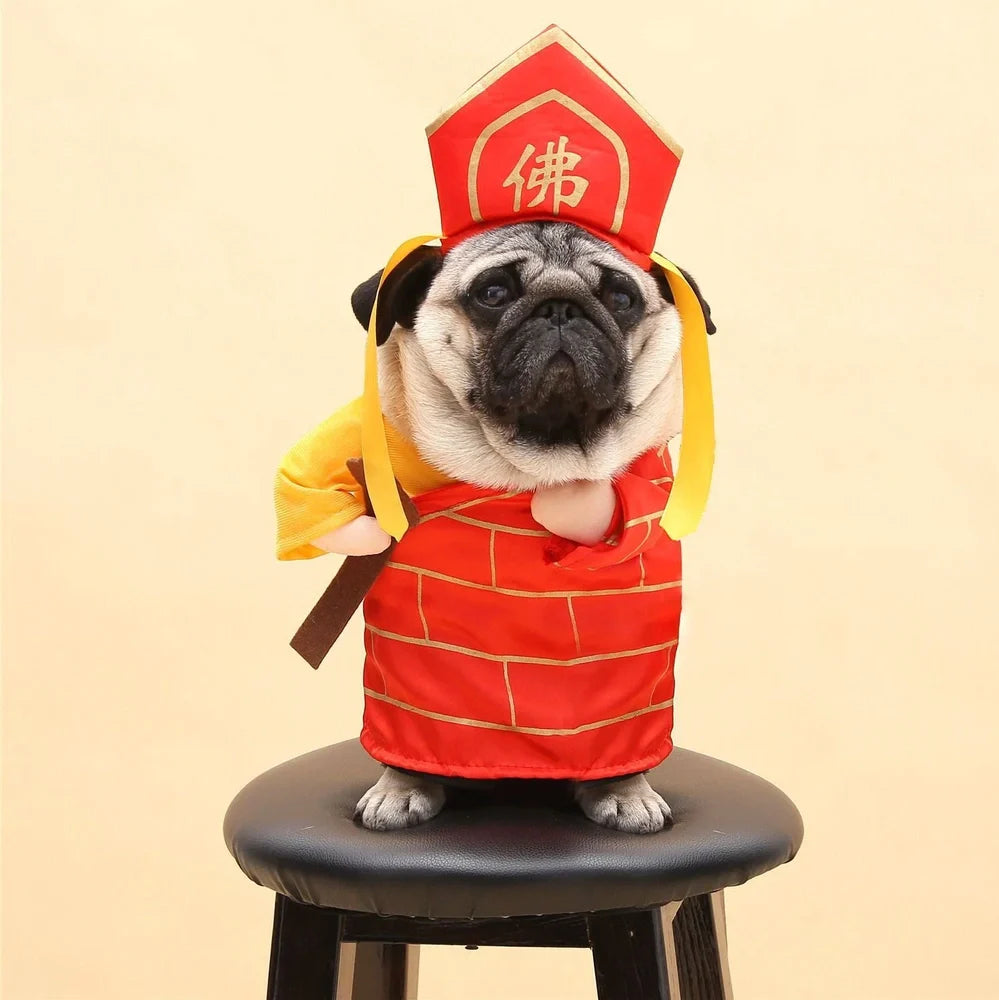 Polyester cat costume in character design with size label showing bust and neck measurements