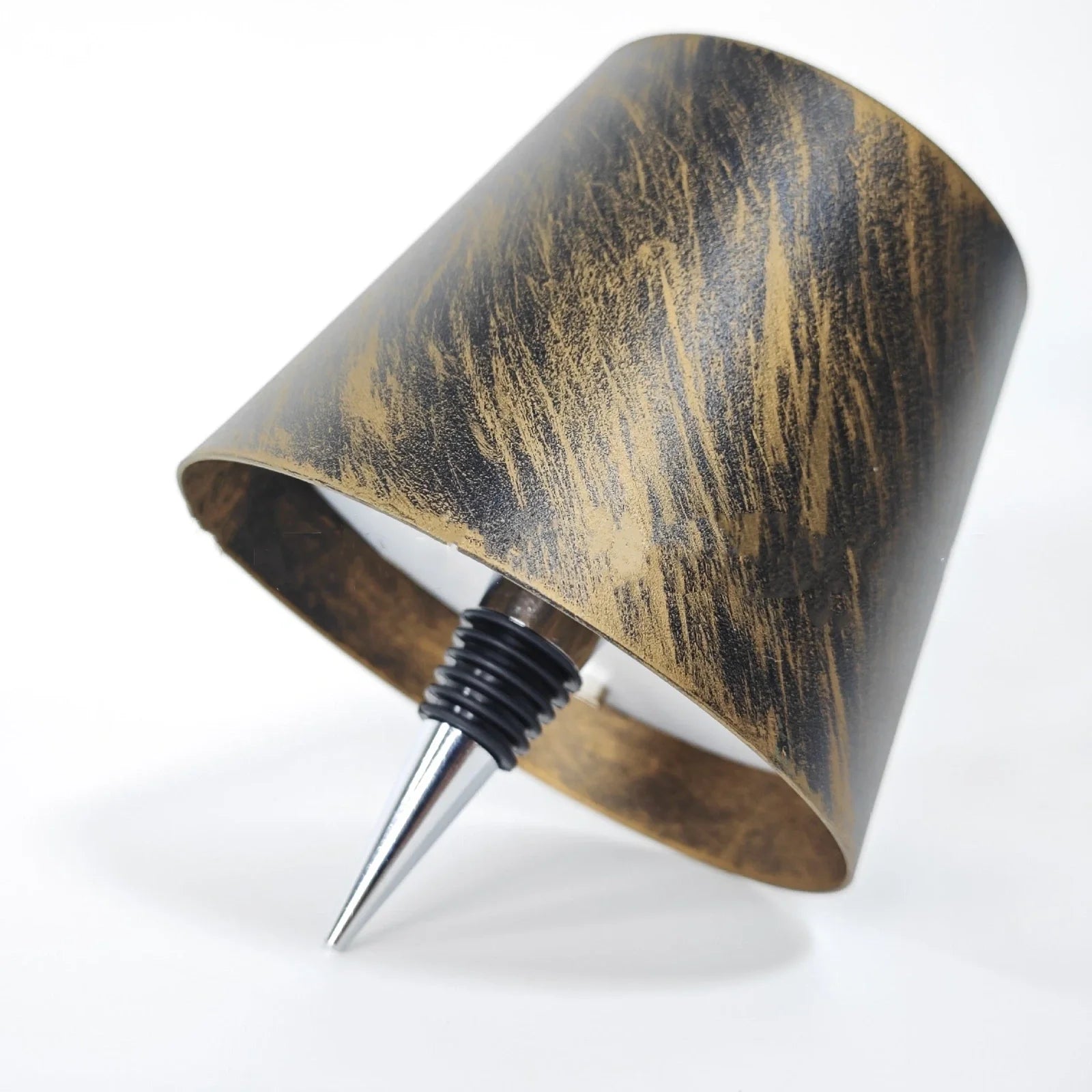 Wireless LED desk lamp with wine bottle design showing detachable components and touch control panel