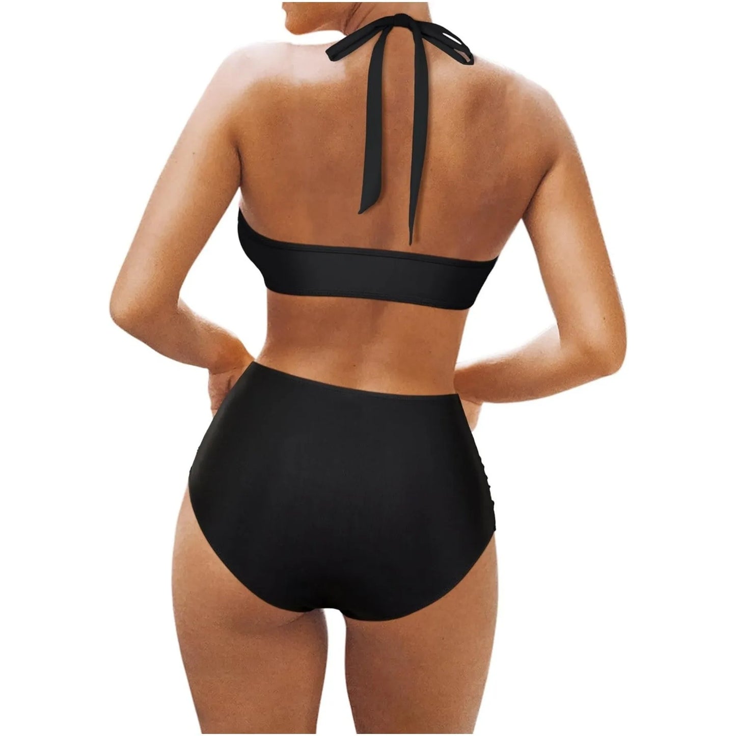 Women's black bikini set with briefs, shown alongside rose red and leopard print colour options.
