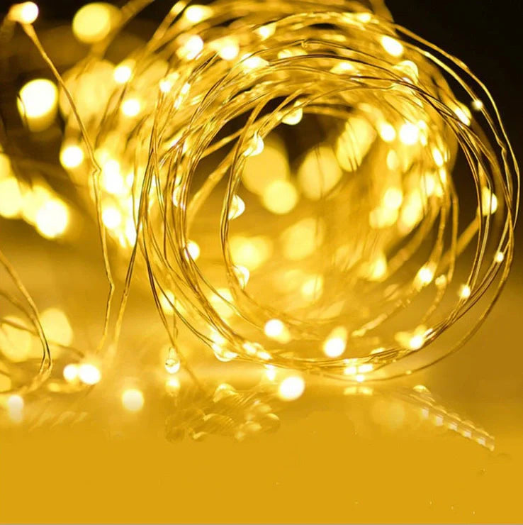 Solar-powered LED string lights arranged in garden with solar panel charging in sunlight