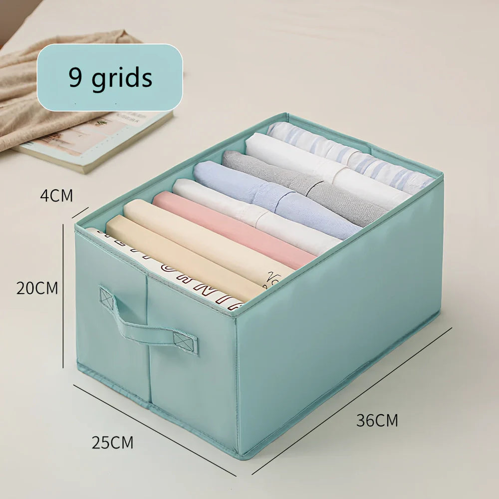 Foldable denim pants drawer organiser box with PP board construction and multiple compartments for clothing storage