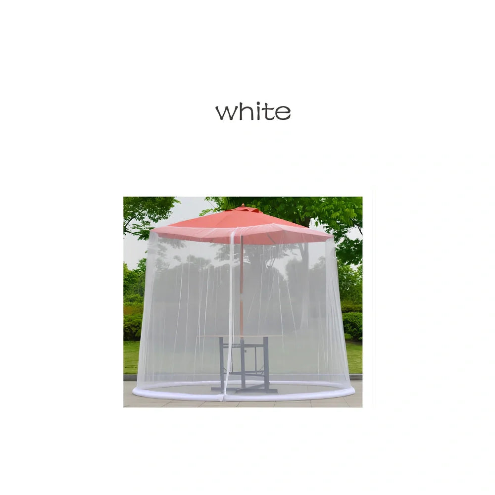 Black polyester mosquito net covering round patio umbrella with 300cm diameter protection