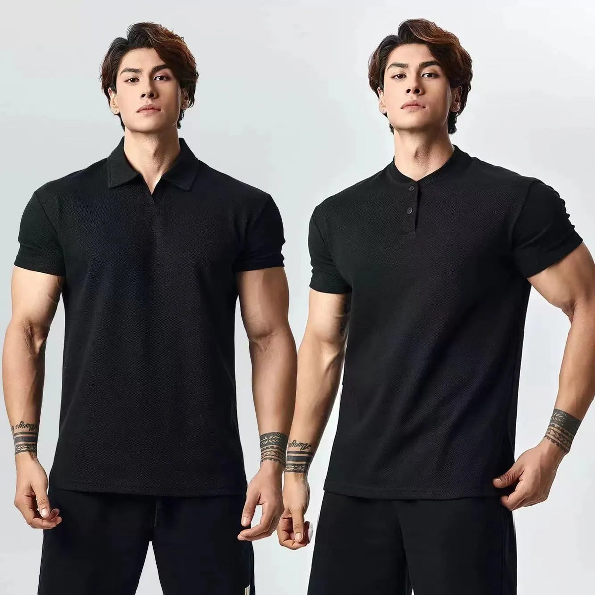 Men's loose fit retro T-shirt shown in black with a Henry collar on a mannequin.