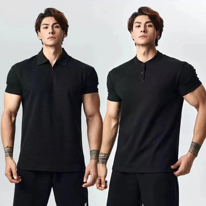 Men's loose fit retro T-shirt shown in black with a Henry collar on a mannequin.