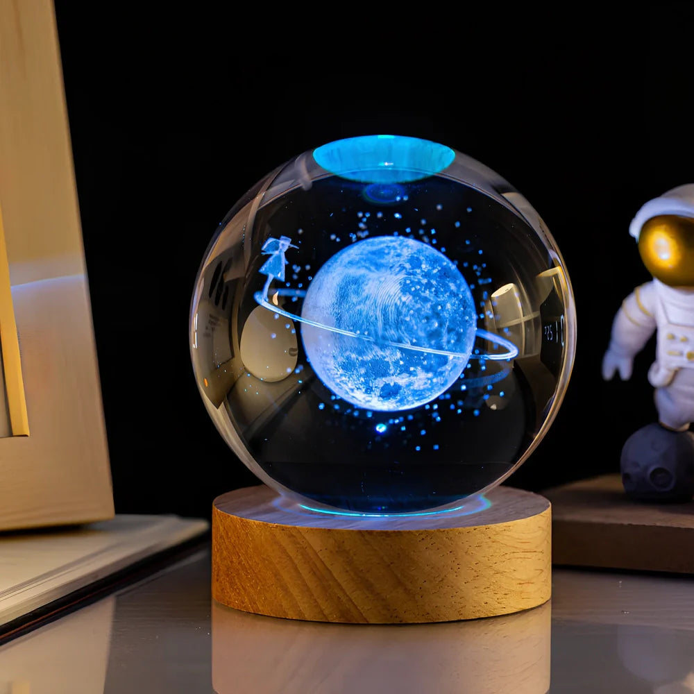6cm crystal ball night light with Milky Way design on colourful base, USB cable connected