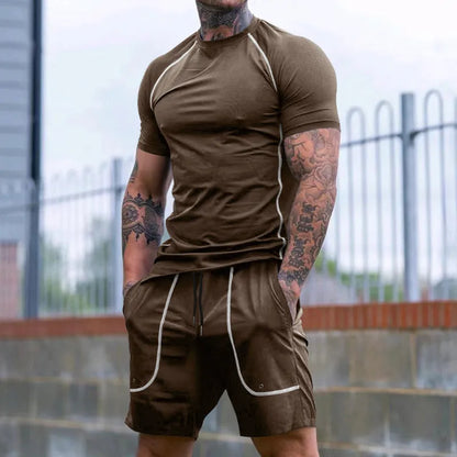 Men's running fitness suit with short sleeve T-shirt and shorts in black polyester, sizes S to XXXL