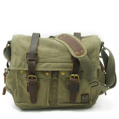 Men's retro crossbody canvas shoulder bag with cowhide trim in horizontal rectangular shape