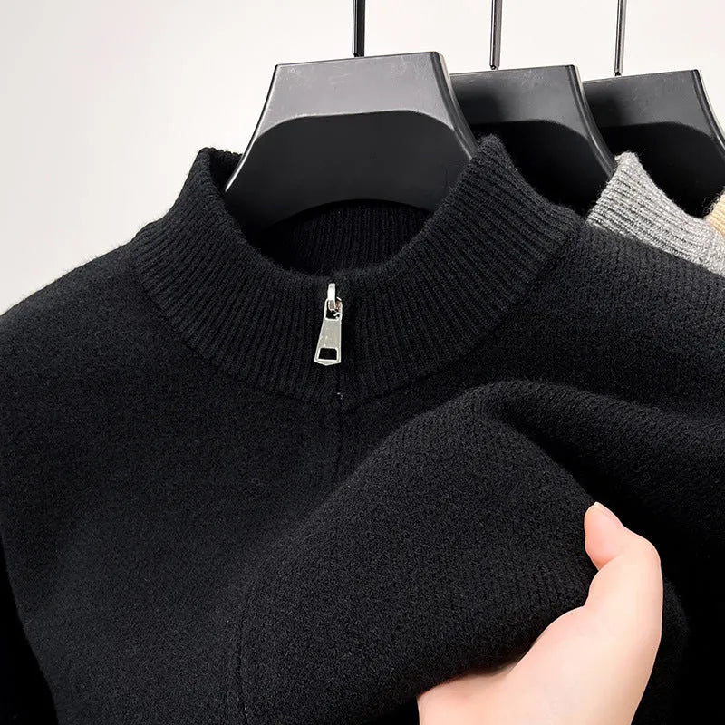 Men's black stand collar knitted cardigan with zipper front in loose fit thickened construction