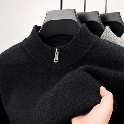 Men's black stand collar knitted cardigan with zipper front in loose fit thickened construction
