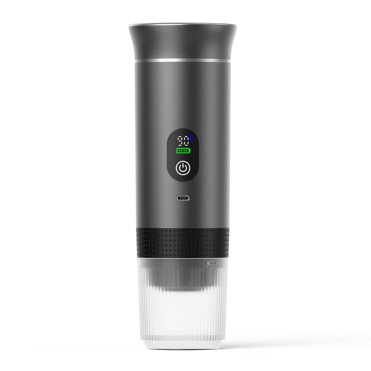 Portable black capsule coffee machine with LCD display for use in electric cars and outdoor travel