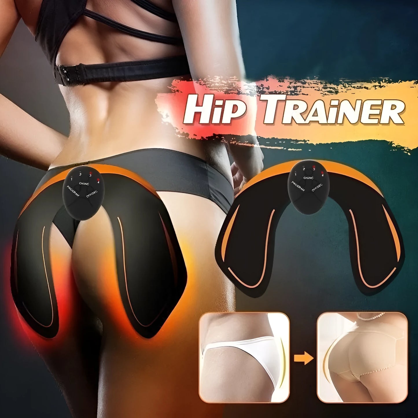 Compact EMS muscle stimulator unit with remote control and gel pads for abdominal and buttock toning.