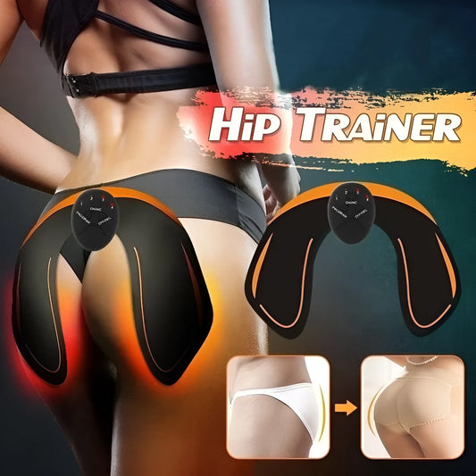 Compact EMS muscle stimulator unit with remote control and gel pads for abdominal and buttock toning.