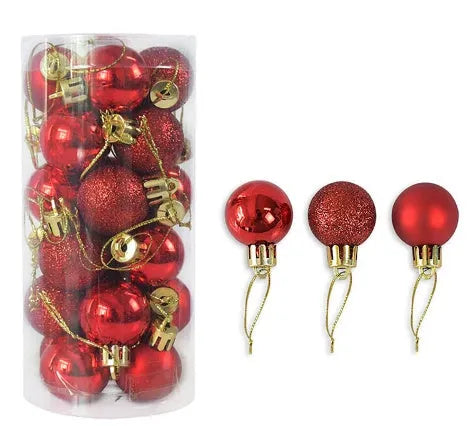 Assortment of 3cm diameter gold, red, silver, and blue barrel-shaped Christmas baubles with an electroplated finish.
