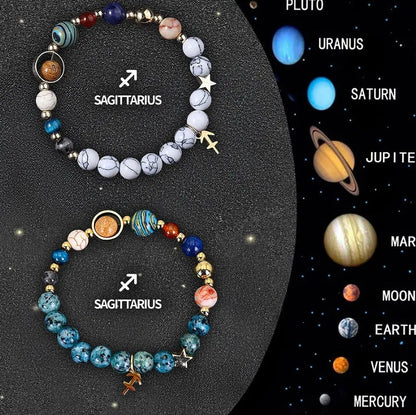 Twelve Zodiac Sign beaded bracelet set with natural stone beads and silver charms on adjustable chain