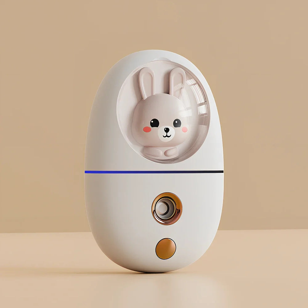 Cartoon USB facial humidifier measuring 62x32x96mm with bear-pink colour and water replenisher
