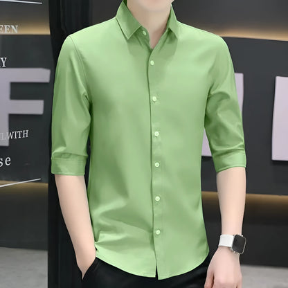 Men's slim-fit half-sleeve summer shirt in silk and linen blend fabric with non-ironing feature