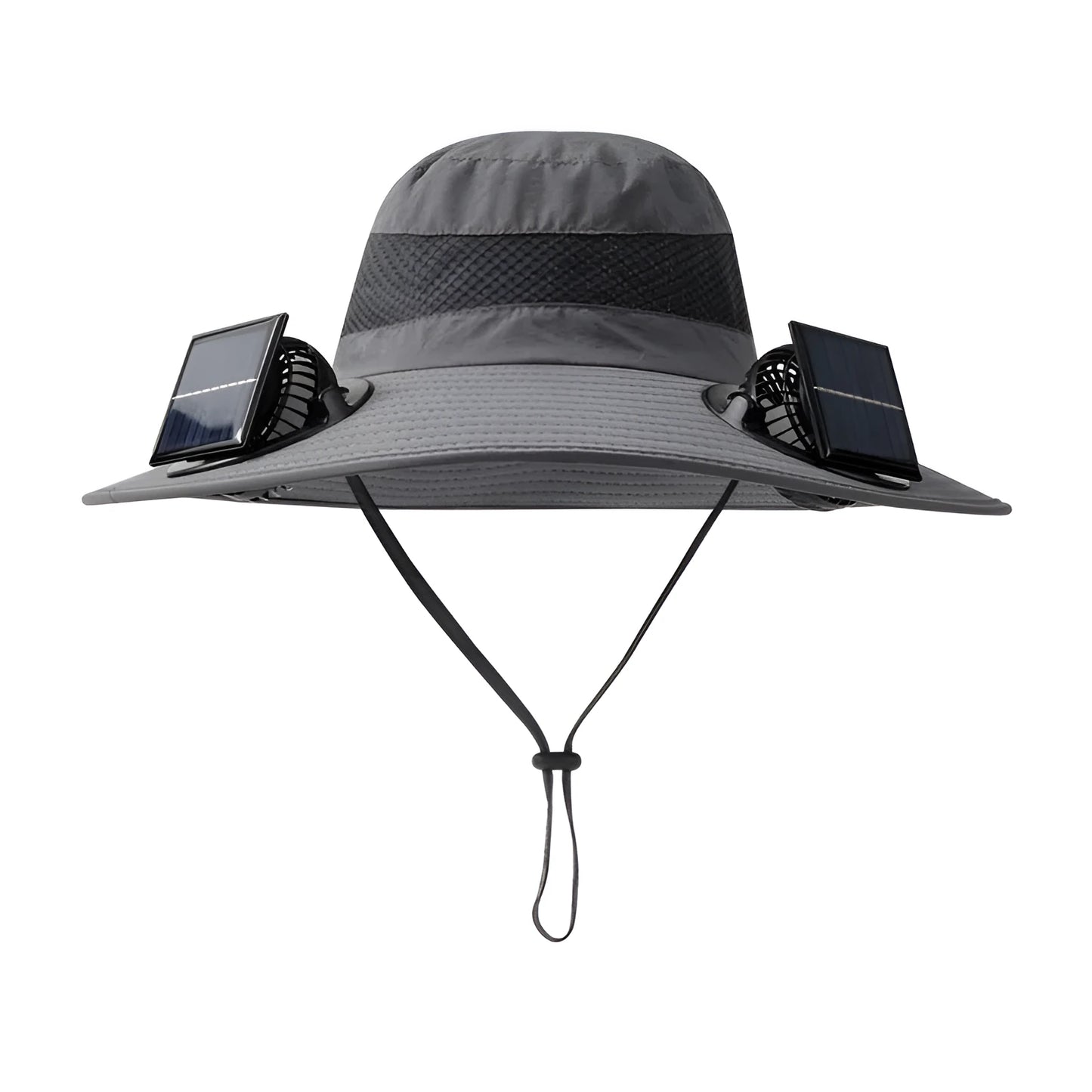 Man wearing a solar-powered fisherman hat with built-in fan for outdoor fishing or hiking