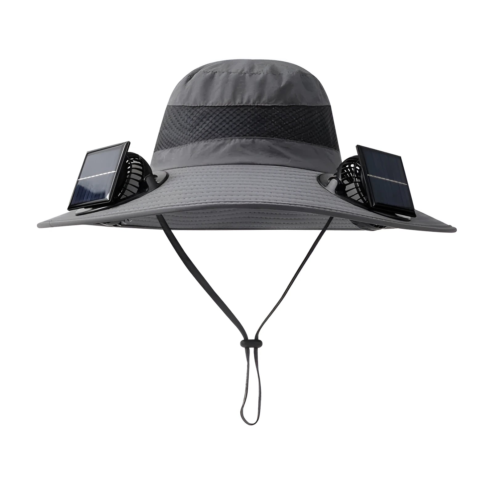 Man wearing a solar-powered fisherman hat with built-in fan for outdoor fishing or hiking