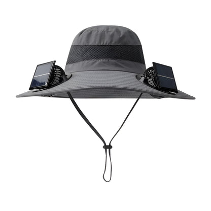 Man wearing a solar-powered fisherman hat with built-in fan for outdoor fishing or hiking