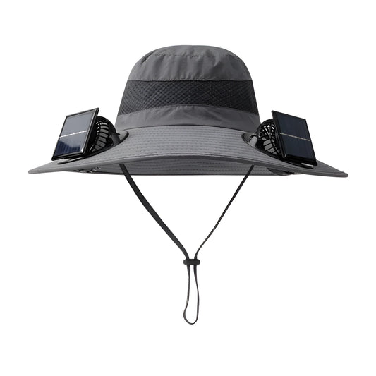 Man wearing a solar-powered fisherman hat with built-in fan for outdoor fishing or hiking