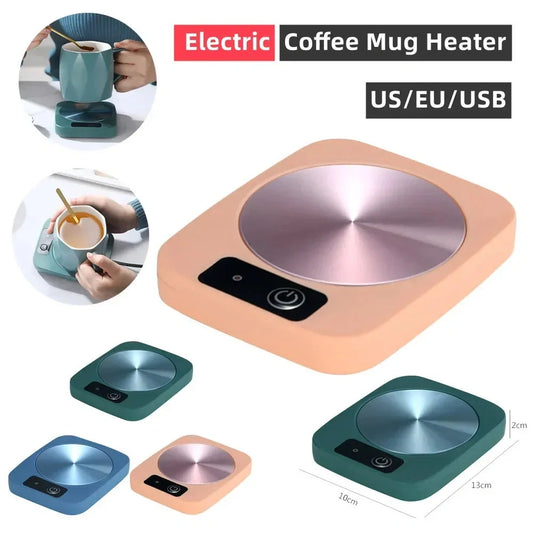 Electric tea water heating pad on desk with coffee cup, keeping beverage warm