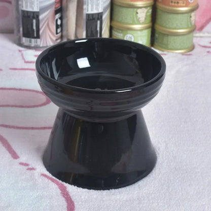 White ceramic pet bowl with high foot neck protector showing 15cm diameter and 8cm height measurement