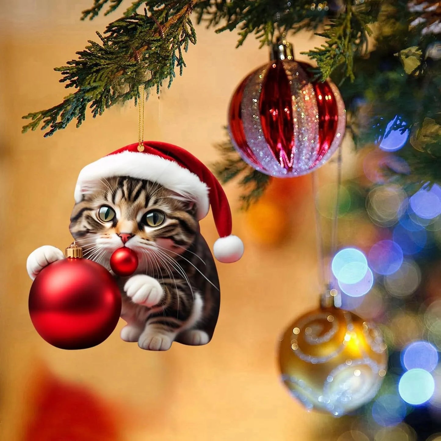 Cartoon style kitty Christmas car hanging ornament made from clear acrylic, shown in one of ten available colour variations.