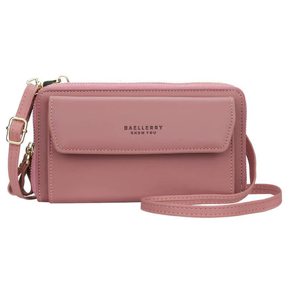 Ladies long wallet double zipper messenger bag in soft PU leather, shown in available colours