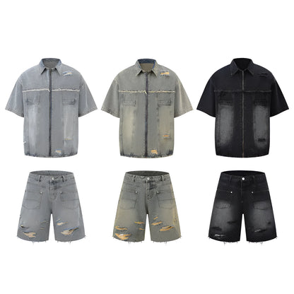 Denim overall suit set with loose fit street style design in matching top and trousers