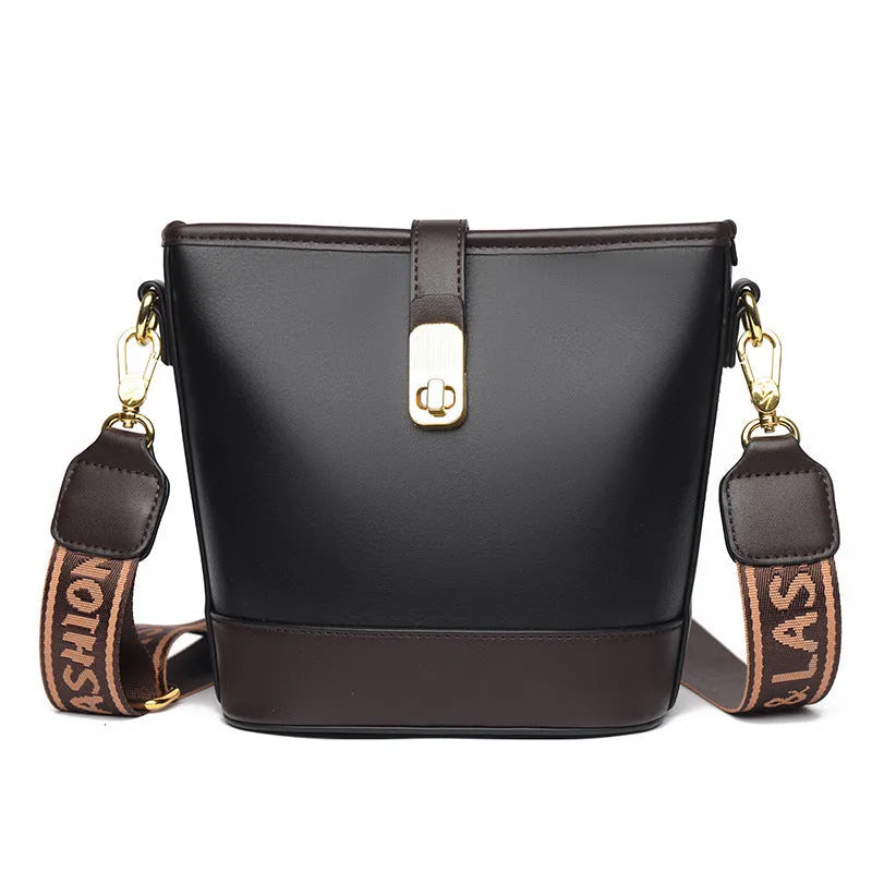 Korean-style soft PU bucket bag in black with double shoulder straps and organisational compartments