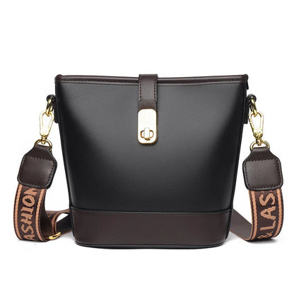 Korean-style soft PU bucket bag in black with double shoulder straps and organisational compartments