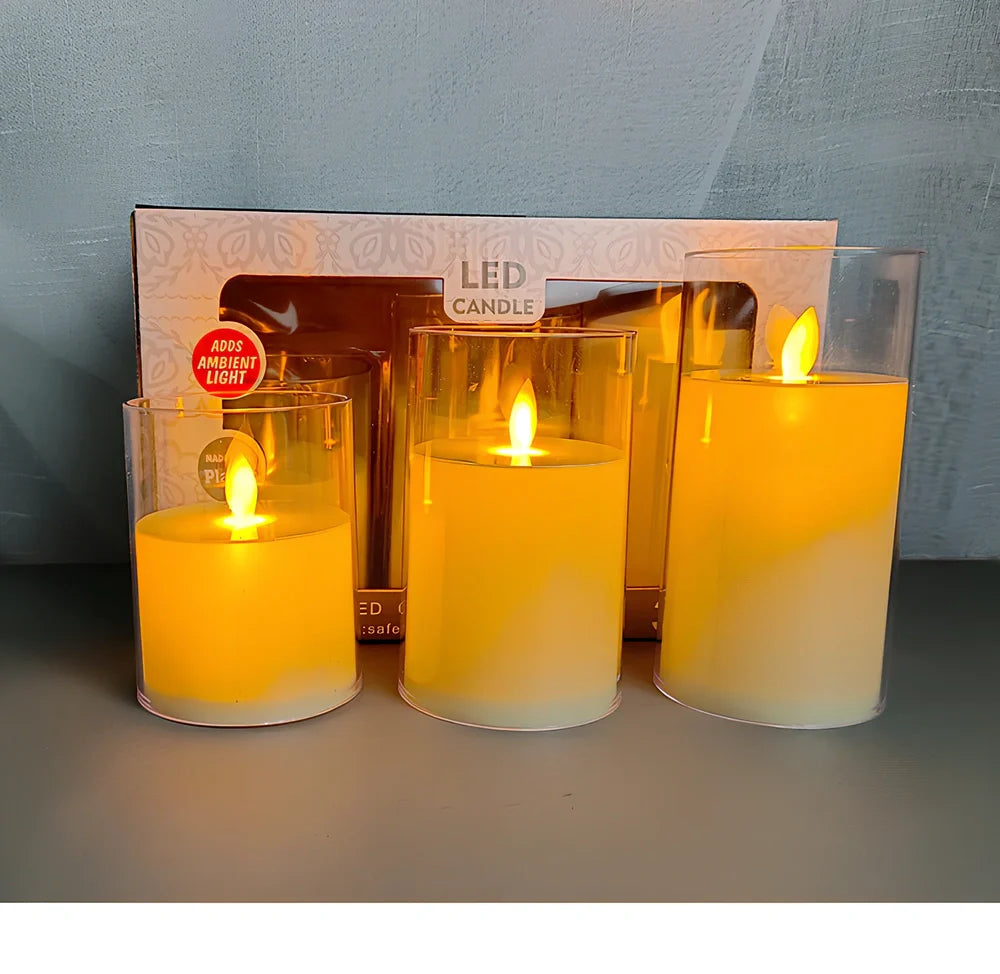 Electric candle lamp with LED flame simulation in cup design, available in 5.5cm and 7.5cm sizes