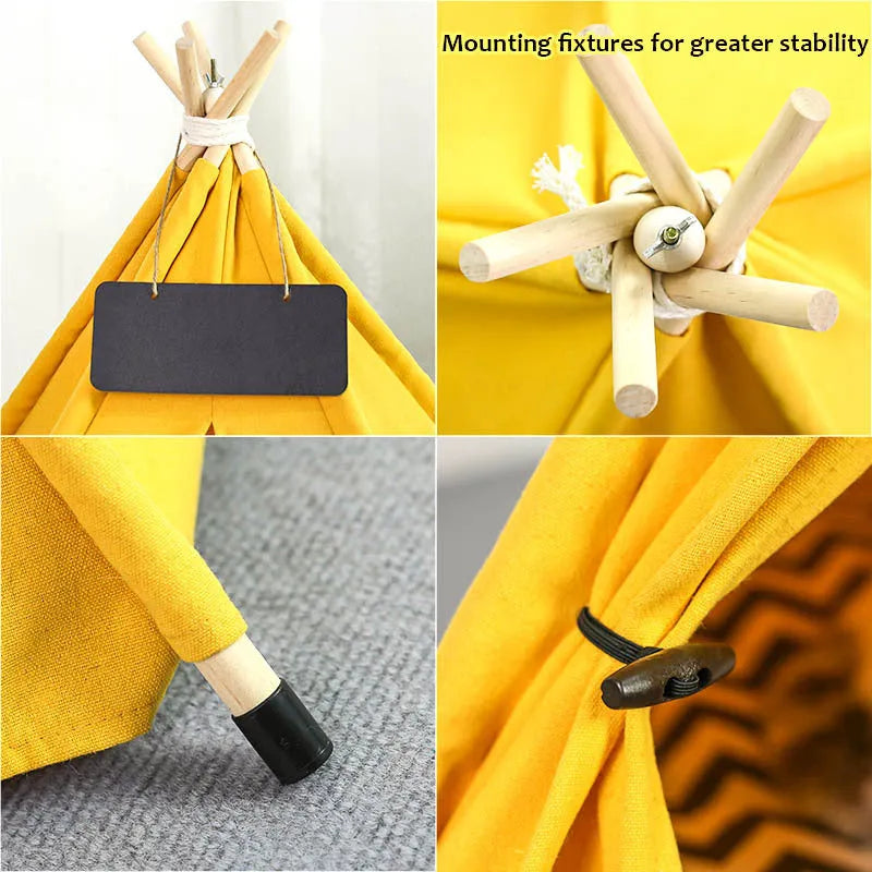 A striped pet teepee tent bed with a cushion inside, shown in a yellow colour option.