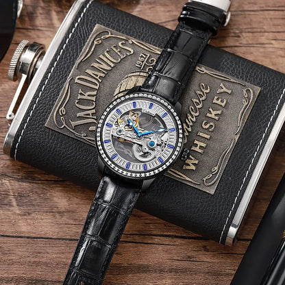 Luxury zircon men's mechanical watch with 12mm case, mineral glass, and onion head crown on wrist