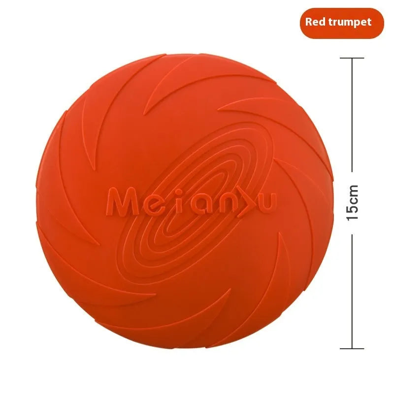 Soft rubber dog frisbee toy in red, blue, and green colours showing small, medium, and large size options