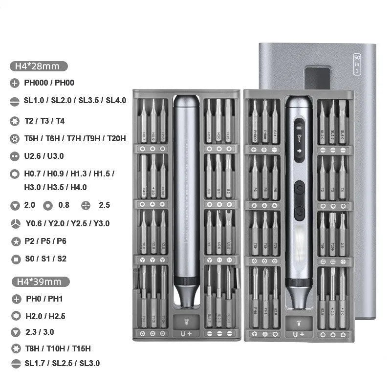 Precision electric screwdriver with aluminium alloy handle showing compact design