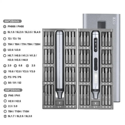 Precision electric screwdriver with aluminium alloy handle showing compact design