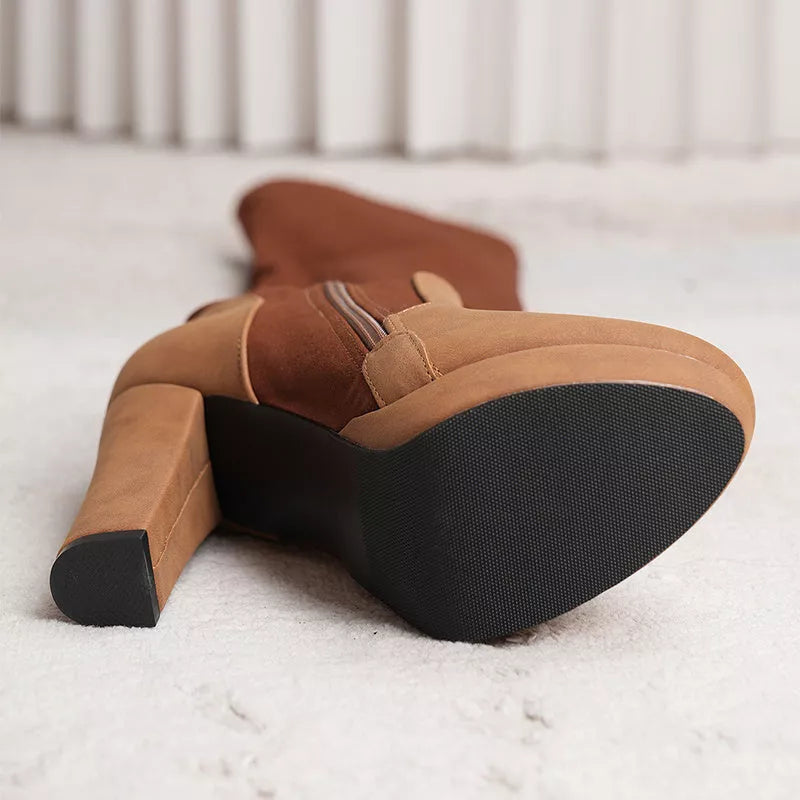 Women's elastic suede over-the-knee boots with high square heel in black and pink