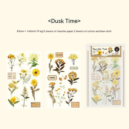 Forest label sticker material pack showing transfer paper and cotton linen sheets with nature designs in 85x180mm size