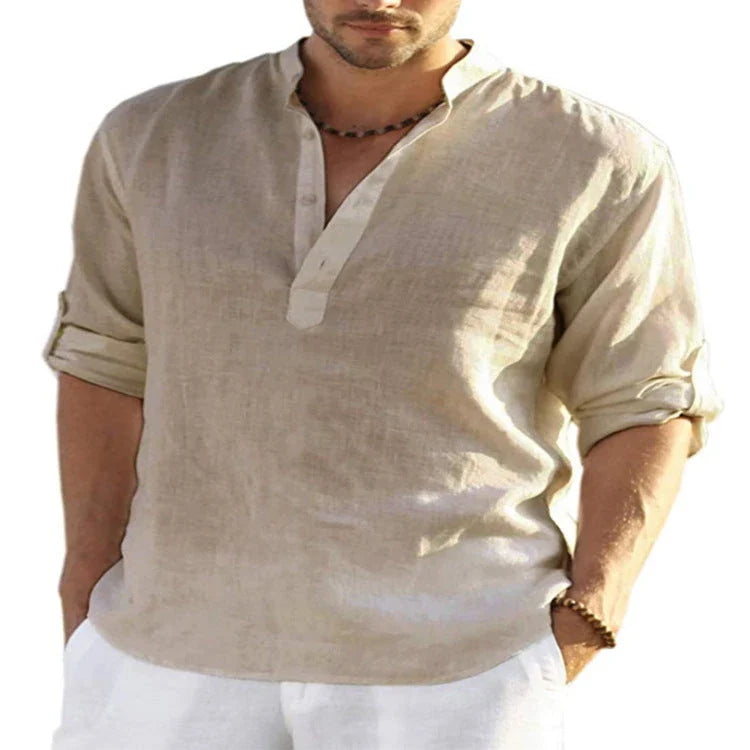 Premium cotton-linen casual shirt with stand collar, long sleeves, and button-down closure