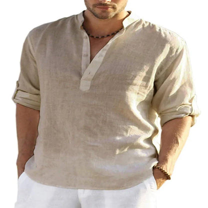 Premium cotton-linen casual shirt with stand collar, long sleeves, and button-down closure