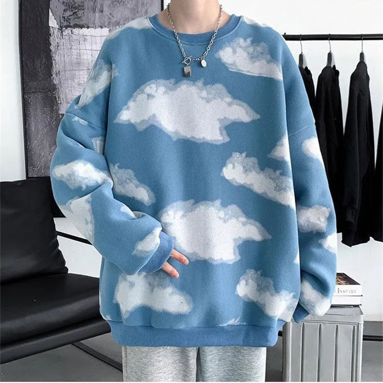 Men's loose pullover top with wool lining, available in black, blue, and white, sizes M-XXL.