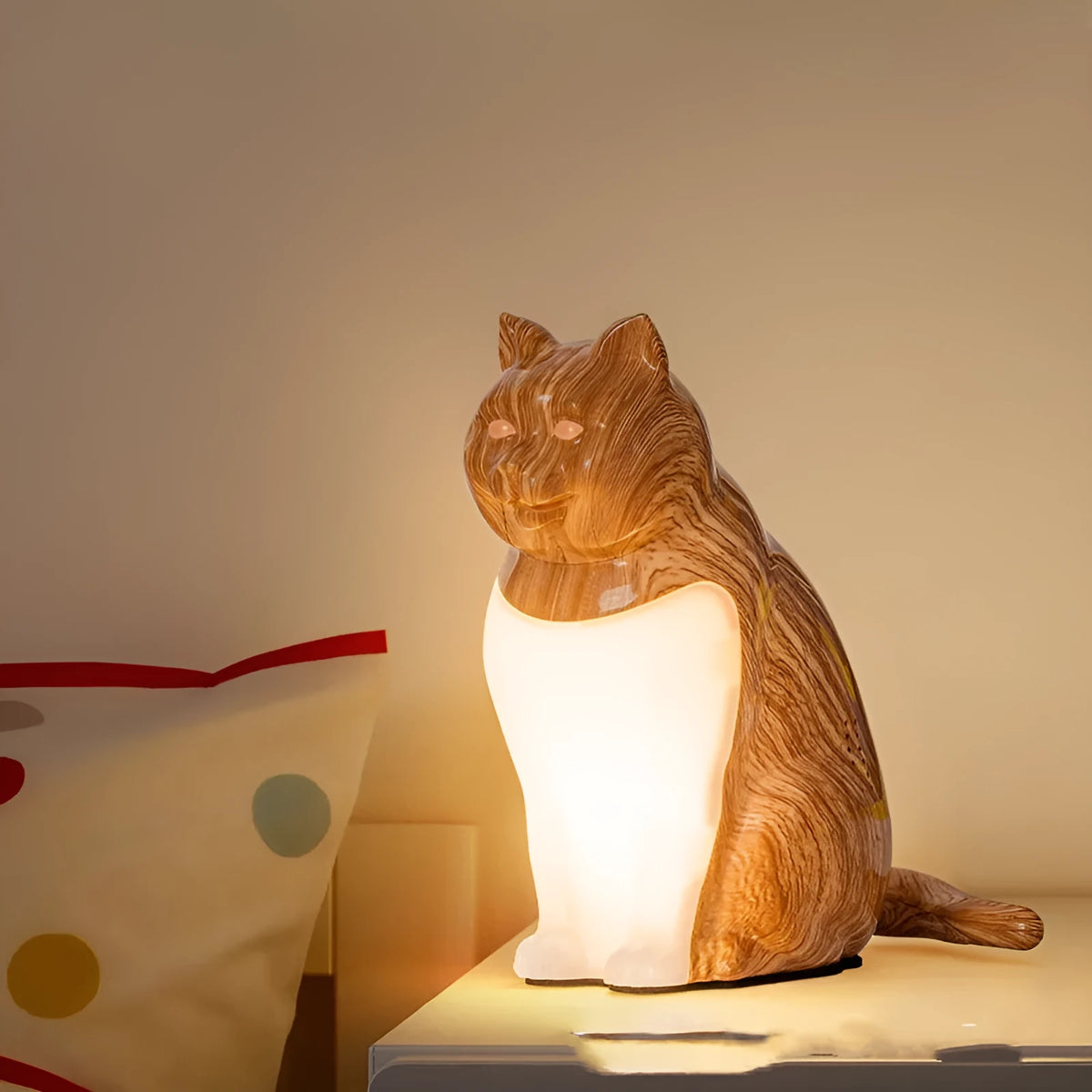 Cat-shaped USB rechargeable table lamp with adjustable colour temperature on wooden desk