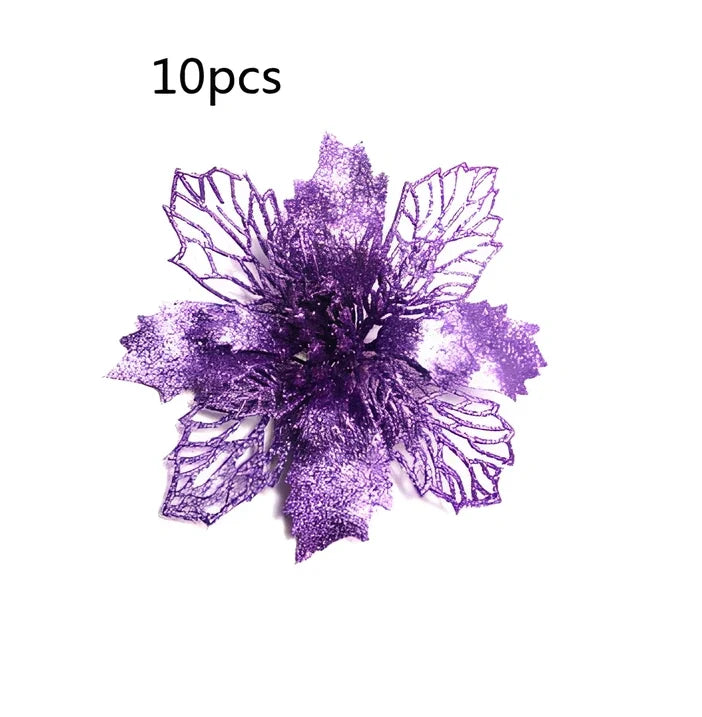Glitter artificial Christmas flowers measuring 11cm with sparkling coating in various colour options
