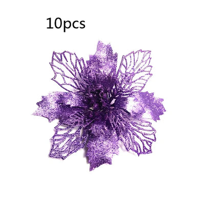 Glitter artificial Christmas flowers measuring 11cm with sparkling coating in various colour options