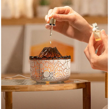 Volcanic humidifier with LED flame effect and mist spray on tabletop