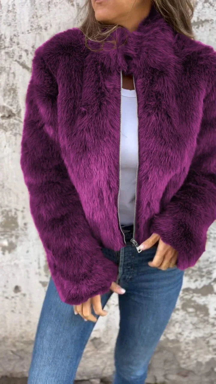 Women's stand collar plush jacket in faux fur with zipper, available in multiple colors