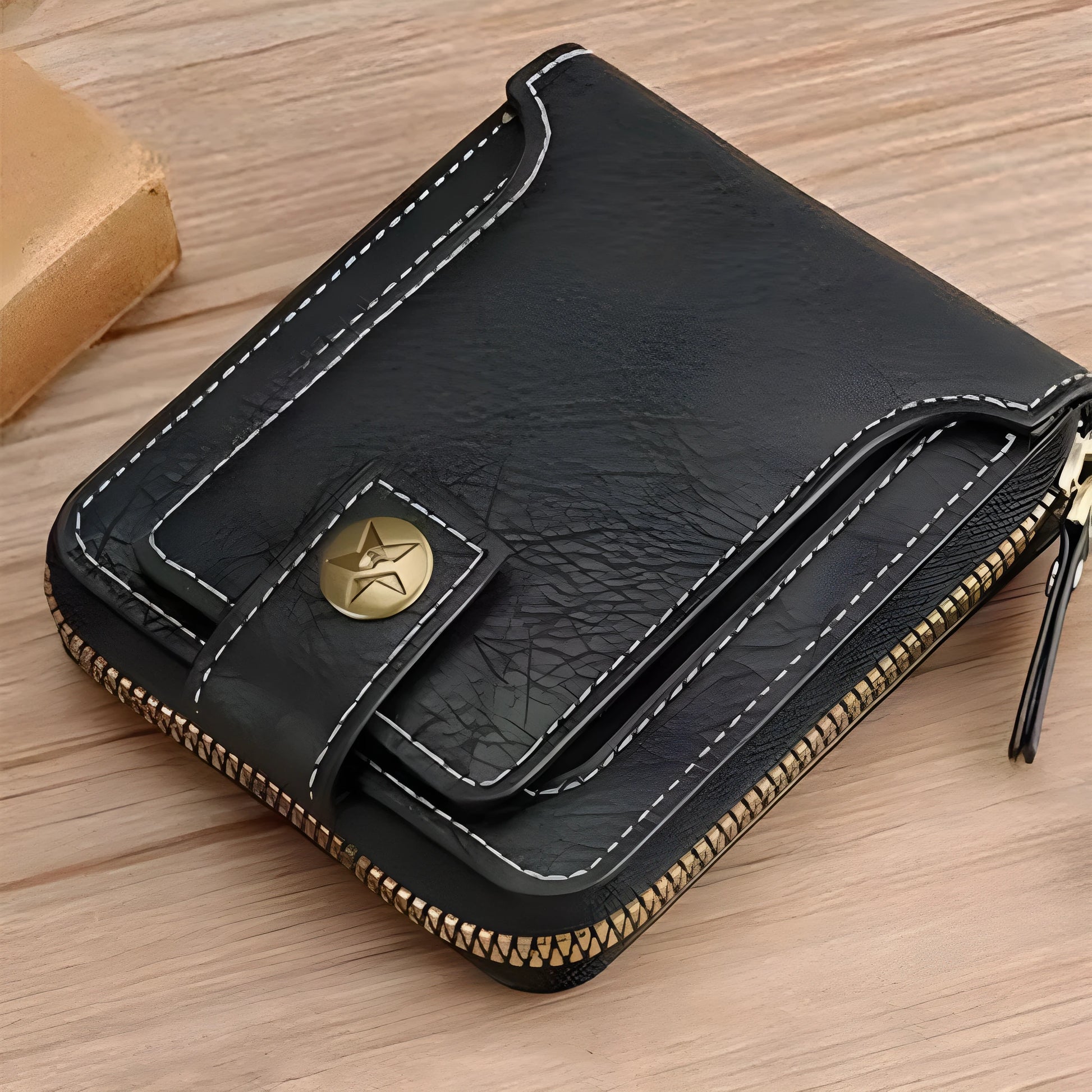 Men's short style 2-fold wallet in PU leather showing black, brown and light brown colour options