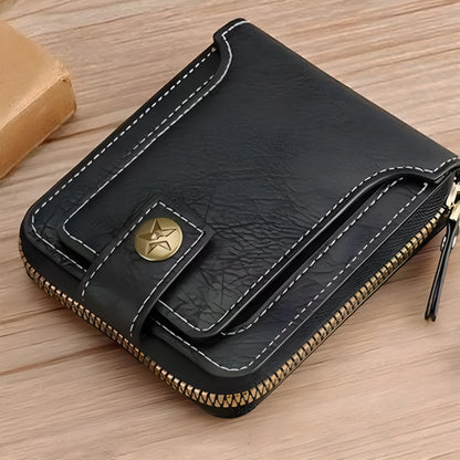 Men's short style 2-fold wallet in PU leather showing black, brown and light brown colour options